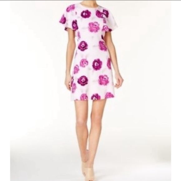 🌸2/$25 NWT Ink Purple Pink Kensie Floral Print A-line Dress Flutter Sleeves - Picture 1 of 7